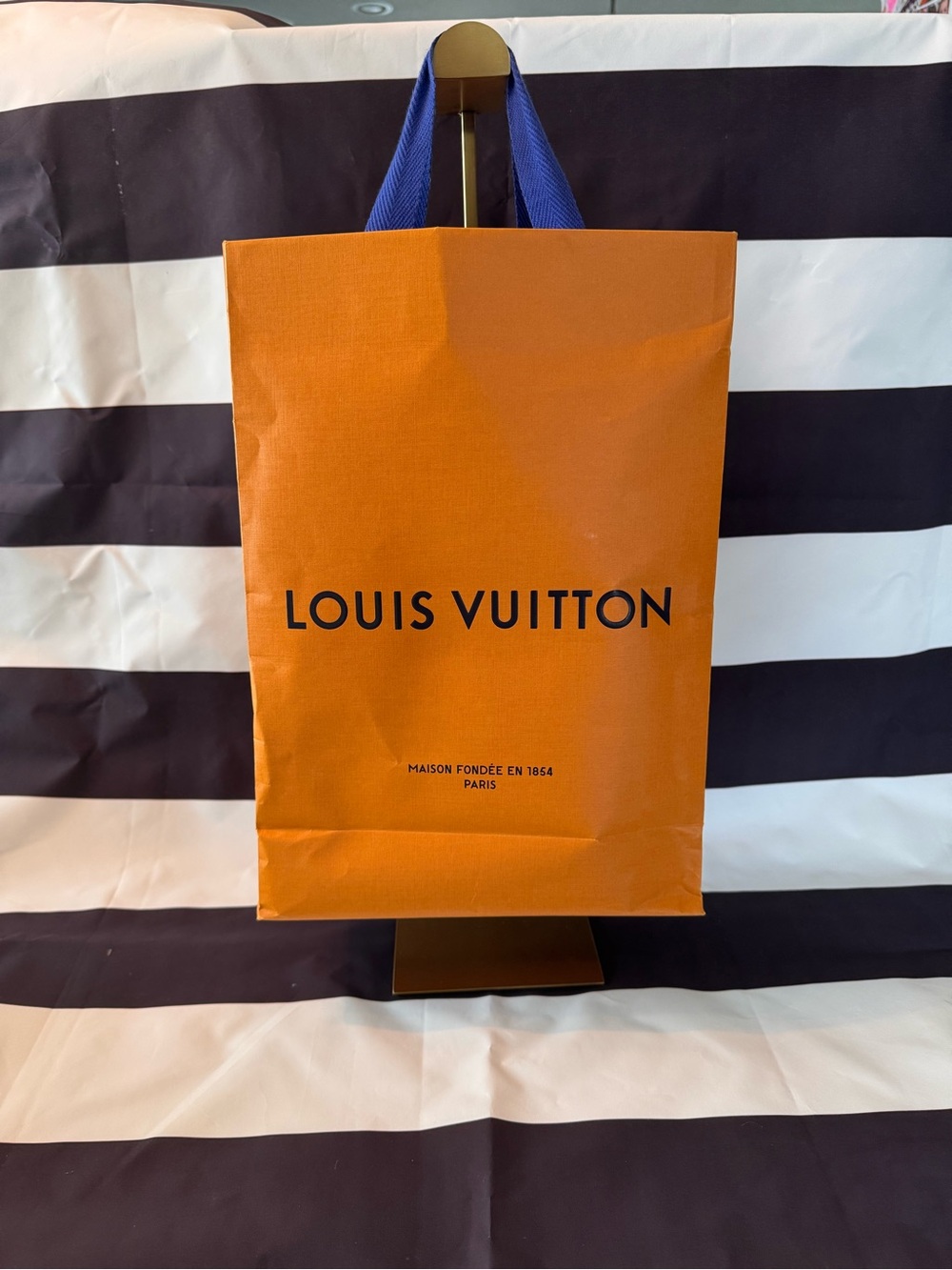 Louis Vuitton Orange Tote with Blue Handles and Black Logo